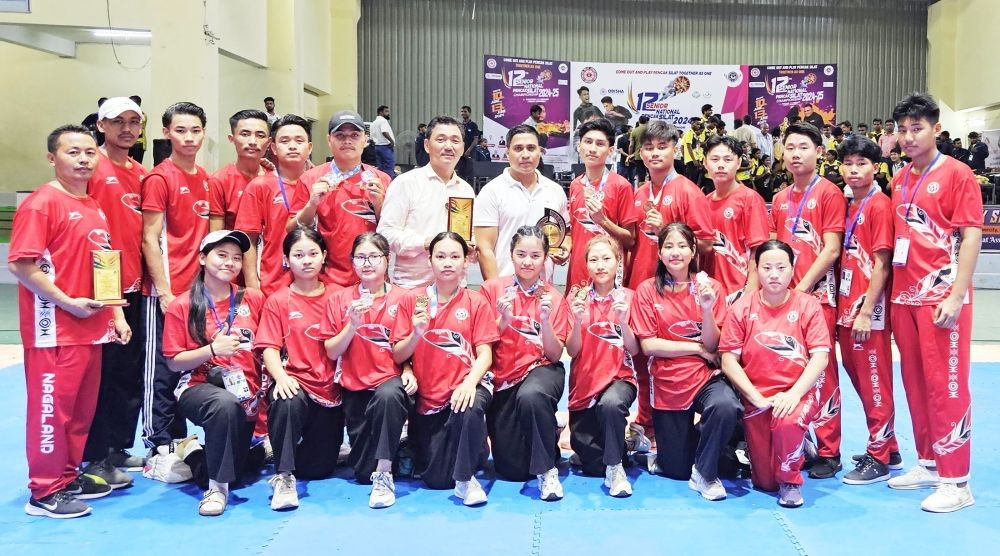 Nagaland Pencak Silat team and officials with the medal winners at the 12th Senior National Pencak Silat Championship 2024, held in Bhubaneswar, Odisha, from June 11-13.  (Photo Courtesy: NPSA)